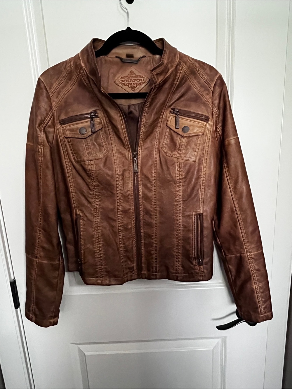 Jou Jou Brown vegan Leather Moto-Style Zip Jacket